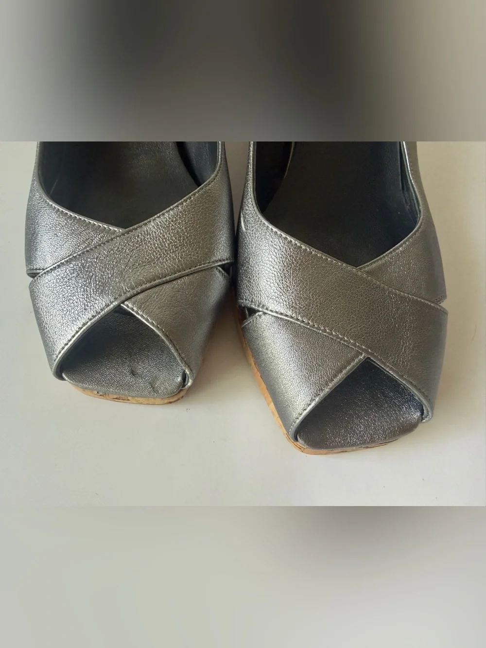 Stuart Weitzman Metallic Silver Cork Wedge Slingback Peep-Toe Sandals